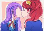  2girls aikatsu! closed_eyes hair_ribbon hikami_sumire incipient_kiss kurebayashi_juri long_hair multiple_girls negom ponytail purple_hair redhead ribbon violet_eyes yuri 