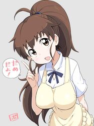  1girl apron blush bowieknife breasts brown_eyes brown_hair commentary_request frills grey_background jpeg_artifacts large_breasts long_hair looking_at_viewer open_mouth pointing ponytail ribbon signature simple_background solo speech_bubble taneshima_popura translation_request waitress working!! 