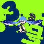  1girl agent_3 arm_support bike_shorts blue_eyes blue_hair con_(my0312) headgear holding inkling long_sleeves looking_at_viewer solo splatoon squatting super_soaker tentacle_hair 