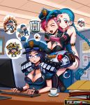  1boy 5girls :3 ahoge artist_name bandages bare_shoulders bespectacled between_breasts blue_eyes blue_hair braid breasts caitlyn_(league_of_legends) chan_qi_(fireworkhouse) cleavage closed_eyes computer cuffs cupcake dated emilia_leblanc gauntlets glasses handcuffs highres huge_ahoge jinx_(league_of_legends) large_breasts league_of_legends lee_sin long_hair multiple_girls necktie necktie_between_breasts pink_hair police police_uniform policewoman poppy red_eyes shoulder_massage smile tattoo tattooed_breast uniform very_long_hair vi_(league_of_legends) 