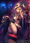  1girl akitani_kou bird_skull black_legwear blonde_hair breasts crossed_legs detached_sleeves drill_hair hand_on_own_head jewelry long_hair necklace official_art original red_eyes ring sitting skull solo thigh-highs thighs throne torch z/x 
