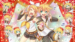  1boy 1girl ^_^ aqua_eyes blonde_hair bow brother_and_sister chibi closed_eyes curtains cymbals drum flute hair_bow hair_ornament hairclip harmonica headset highres instrument kagamine_len kagamine_rin maracas musical_note open_mouth sailor_collar setora shorts siblings smile tambourine trumpet vocaloid 