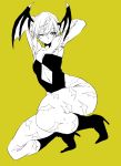  1girl ;3 armpits bare_shoulders bat_print boots demon_girl female flat_chest head_wings high_heel_boots high_heels highres hohehohe leotard lilith_aensland navel_cutout pantyhose print_legwear puckered_lips short_hair solo squatting succubus vampire_(game) yellow_background 