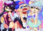  1boy 27_degrees 2girls aori_(splatoon) black_hair blue_eyes blue_hair bowtie breasts bulge choker cleavage crossdressinging earrings elbow_gloves fangs garter_belt garter_straps gloves grey_hair grin hat hotaru_(splatoon) inkling jewelry large_breasts lingerie long_hair mole mole_under_eye multiple_girls paint_splatter panties pointy_ears ponytail pose skirt skirt_lift skirt_tug smile splatoon tears tentacle_hair thigh-highs underwear yellow_eyes 