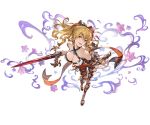  1girl armband bangs bare_shoulders bikini black_bow black_legwear blonde_hair bow breasts cleavage collarbone criss-cross_halter empty_eyes flower full_body granblue_fantasy hair_between_eyes hair_bow hair_flower hair_ornament halter_top halterneck hibiscus holding holding_sword holding_weapon large_breasts leaning_forward long_hair looking_at_viewer minaba_hideo official_art open_mouth orange_bow orange_eyes perspective platform_footwear ponytail purple_ribbon ribbon sandals sheath sidelocks smile solo swimsuit sword thigh-highs transparent_background unsheathed vila weapon 