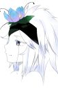  1girl blue_eyes crying crying_with_eyes_open eyepatch flower fremy_speeddraw from_side hair_flower hair_ornament hairband portrait rokka_no_yuusha short_hair simple_background solo tears white_background white_hair 