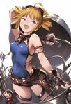  1girl ahoge arm_behind_head arm_strap arm_up bare_shoulders black_gloves blonde_hair blue_eyes fang fingerless_gloves gloves granblue_fantasy holster looking_at_viewer multiple_belts open_mouth pengi_(granblue_fantasy) shirt shorts sleeveless sleeveless_shirt smile solo supertie twintails 
