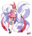  1girl animal_ears breasts cleavage fox_ears fox_tail grey_hair hair_bobbles hair_ornament japanese_clothes jjune large_breasts long_hair long_sleeves looking_at_viewer miko multiple_tails off_shoulder original pink_hair sash shirt skirt solo tail thigh_strap twintails very_long_hair wide_sleeves 