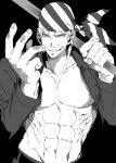  1boy abs bandana billy_kane fang greyscale grin highres hohehohe jacket king_of_fighters male_focus monochrome open_clothes open_jacket over_shoulder pectorals shirtless smile solo staff striped weapon weapon_over_shoulder 