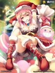  1girl :d anmitsuyomogi arms_behind_head arms_up blush boots breasts christmas_tree cleavage commentary_request elbow_gloves gloves hat looking_at_viewer official_art open_mouth pink_hair santa_boots santa_hat short_hair smile solo star yellow_eyes 