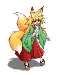  1girl :d animal_ears blonde_hair fang fox_ears fox_tail geta hakama haori highres japanese_clothes kimono long_hair miko multiple_tails open_mouth orange_eyes original senbon smile tail two_tails 