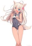  1girl ahoge animal_ears blue_eyes covered_navel dog_ears dog_tail flower hair_flower hair_ornament kantai_collection kemonomimi_mode long_hair ro-500_(kantai_collection) school_uniform simple_background solo swimsuit swimsuit_under_clothes tail tan uta_(pixiv) white_background white_hair 