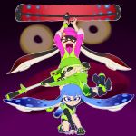 3girls agent_3 aiming alternate_costume alternate_hair_color aori_(splatoon) arm_support baseball_cap beanie bike_shorts blue_eyes blue_hair brown_eyes con_(my0312) domino_mask fangs green_hair hat holding hoodie hotaru_(splatoon) inkling jacket jumping long_hair long_sleeves looking_at_viewer mask mole mole_under_eye multiple_girls octarian one_eye_closed open_mouth paint_roller pointy_ears shoes sleeves_rolled_up smile sneakers splatoon squatting star super_soaker tentacle_hair vest 