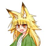  1girl :d animal_ears blonde_hair fang fox_ears japanese_clothes kimono long_hair open_mouth orange_eyes original senbon smile 