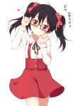  1girl bespectacled black_hair bow glasses hair_bow li_yang looking_at_viewer love_live!_school_idol_project nico_nico_nii red_eyes short_hair smile solo suspenders translated twintails yazawa_nico 