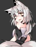  1girl angry_num animal_ears armchair bare_shoulders black_background blush chair choker dress earrings fang fox_ears fox_tail grey_hair helena_(angry_num) highres jewelry looking_at_viewer looking_back multiple_tails open_mouth original short_hair simple_background solo strapless_dress tail white_dress yellow_eyes 