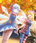  2girls ^_^ american_flag_legwear american_flag_shirt autumn blonde_hair blue_hair bow breasts cirno closed_eyes clownpiece dress evandragon fairy_wings grin hair_bow hat highres holding_hands ice ice_wings jester_cap jpeg_artifacts leaf long_hair maple_leaf multiple_girls open_mouth pantyhose short_hair smile star striped touhou very_long_hair wings 