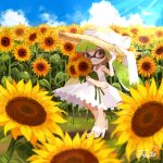  1girl adjusting_clothes adjusting_hat artist_name clouds cloudy_sky dated domino_mask dress flower green_hair hat holding inkling kiwi_(5816solrr7512) long_hair looking_at_viewer mask outdoors pointy_ears sandals signature sky solo splatoon standing sun_hat sundress sunflower symbol-shaped_pupils tentacle_hair white_dress 