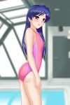  1girl ass blue_hair blush brown_eyes competition_swimsuit flat_chest idolmaster kisaragi_chihaya long_hair looking_at_viewer one-piece_swimsuit open_mouth rei_no_pool solo swimsuit tsukasa_susumu 