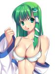  1girl bra breasts detached_sleeves frog_hair_ornament green_eyes green_hair hair_ornament hair_tubes kochiya_sanae long_hair long_sleeves looking_at_viewer open_mouth shirtless simple_background snake_hair_ornament solo takamitsu touhou underwear upper_body white_background wide_sleeves 