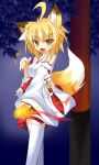  ahoge animal_ears bare_shoulders blonde_hair blush breasts detached_sleeves fang fire fox_ears fox_tail hakama japanese_clothes leaf looking_at_viewer miko nature open_mouth original tabi tachi_yure tail thigh-highs white_legwear yellow_eyes 