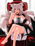  1girl angry_num animal_ears armchair barefoot chair choker cross-laced_clothes crossed_legs dress fang fox_ears fox_tail grey_hair helena_(angry_num) highres jewelry legs looking_to_the_side multiple_tails open_mouth original ring short_hair sitting strapless_dress tail white_dress yellow_eyes 