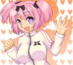  +_+ 1girl blue_eyes blush bow breasts commentary_request hair_bow hibari_(senran_kagura) highres kurumi_(hasumi) large_breasts looking_at_viewer open_mouth pink_hair ribbon senran_kagura senran_kagura_(series) short_hair short_twintails smile solo symbol-shaped_pupils track_jacket twintails 