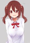  1girl akky_(akimi1127) blush breasts brown_eyes brown_hair ebina_nana highres himouto!_umaru-chan long_hair looking_at_viewer open_mouth red_eyes school_uniform shirt solo taut_clothes taut_shirt twintails wavy_mouth 
