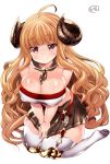  1girl anira_(granblue_fantasy) breasts brown_eyes brown_hair byakuya_mika cleavage closed_eyes granblue_fantasy highres horns long_hair looking_at_viewer simple_background smile solo thick_thighs thighs v_arms white_background 