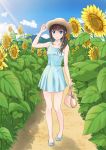  1girl artist_request bag blue_eyes brown_hair clouds dress flower hand_on_headwear handbag hat highres mountain open_toe_shoes original shoes solo straw_hat summer sundress sunflower 