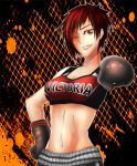  1girl ;d absurdres boxing_gloves breasts clothes_writing dead_or_alive dead_or_alive_5 highres looking_at_viewer midriff mila_(doa) one_eye_closed open_mouth red_eyes redhead short_hair shorts slvrgrss smile solo sports_bra 
