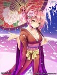  1girl anmitsuyomogi blush breasts cherry_blossoms cleavage collarbone commentary_request flower hair_flower hair_ornament japanese_clothes kimono looking_at_viewer obi official_art oriental_umbrella pink_hair sash short_hair smile solo umbrella wide_sleeves yellow_eyes 