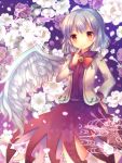  1girl angel_wings bow brooch dress finger_to_mouth flower hand_on_hip jacket jewelry kishin_sagume long_sleeves looking_at_viewer open_clothes open_jacket peach_blossom pjrmhm_coa purple_dress red_eyes silver_hair single_wing smile solo touhou wings 