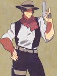  cowboy cowboy_hat gun hand_on_hip handgun hat highres hohehohe holster king_of_fighters kusanagi_kyou male_focus pinky_out pistol revolver scarf solo thigh_holster vest weapon western 