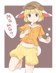  1girl akagashi_hagane animal_ears blonde_hair bunny_tail dango eating food hat looking_at_viewer midriff navel rabbit_ears red_eyes ringo_(touhou) shirt short_hair short_sleeves shorts smile solo tail text touhou wagashi 