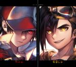  2boys artist_name baseball_cap black_hair character_name collar collarbone confrontation expressionless glowing glowing_eyes goggles gold_(pokemon) hat kawacy multiple_boys open_mouth pokemon pokemon_(game) pokemon_gsc red_(pokemon) red_eyes smirk yellow_eyes 