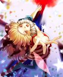  1girl american_flag_legwear american_flag_shirt blonde_hair blurry clownpiece colored_eyelashes commentary_request eredhen fairy fairy_wings from_above hat highres jester_cap long_hair looking_at_viewer looking_up open_mouth outstretched_arm outstretched_hand red_eyes short_sleeves spell_card star torch touhou very_long_hair wings 