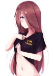  1girl angry_num blue_eyes brown_hair clothes_writing english hair_over_one_eye highres long_hair maria_(angry_num) navel original shirt_lift solo upper_body white_background 