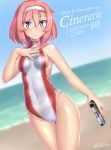  1girl beach blue_eyes clothes_writing competition_swimsuit gun highres one-piece_swimsuit original paravene pink_hair short_hair standing swimsuit turtleneck weapon 