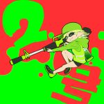  1girl aiming alternate_hair_color bike_shorts brown_eyes con_(my0312) gun holding hoodie hotaru_(splatoon) jumping long_sleeves mole mole_under_eye rifle shoes short_hair smile sniper_rifle solo splatoon tentacle_hair weapon 