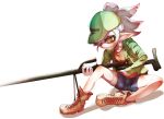  +_+ 1girl baseball_cap bike_shorts bike_shorts_under_shorts blush boots brown_eyes face_mask gun hat highres holding hoodie hotaru_(splatoon) long_sleeves mask mouth_hold neichiru pointy_ears rifle screw shirt short_hair short_shorts shorts sitting sketch sniper_rifle solo splatoon tentacle_hair weapon white_background white_hair 