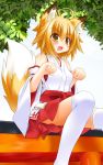  ahoge animal_ears bare_shoulders blonde_hair detached_sleeves fang fox_ears fox_tail hakama japanese_clothes leaf looking_at_viewer miko open_mouth original sitting tabi tachi_yure tail thigh-highs white_legwear yellow_eyes 
