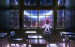  1girl chair classroom from_behind highres houkago_no_pleiades pink_hair planet source_request star_(sky) subaru_(houkago_no_pleiades) table thigh-highs uniform 