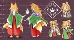  1girl :d absurdres animal_ears barefoot blonde_hair fang fang_out fire fox_ears fox_tail geta hakama haori height_chart highres japanese_clothes long_hair miko multiple_tails ofuda open_mouth orange_eyes original senbon smile tail two_tails wide_sleeves 