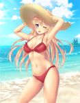  1girl armpits beach bikini blonde_hair blue_eyes breasts hat karentain long_hair one_eye_closed open_mouth sky solo sun_hat swimsuit two-piece_swimsuit 