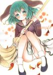  1girl animal_ears bamboo_broom blush broom green_eyes green_hair highres kasodani_kyouko leaf mugicha0929 panties sample short_hair smile solo touhou traditional_media underwear white_panties 