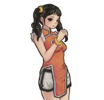  1girl alternate_hairstyle black_eyes black_hair chinese_clothes cowboy_shot dress hazuki_(onichan) ling_xiaoyu long_hair shorts sleeveless sleeveless_dress small_breasts solo tekken twintails white_background 