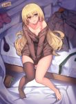  1girl barefoot bed blonde_hair book breasts brown_legwear cleavage collarbone hair_brush jjune large_breasts long_hair long_sleeves looking_at_viewer naked_sweater off_shoulder original ribbed_sweater shirt single_thighhigh sitting solo sweater thigh-highs v_arms very_long_hair yellow_eyes 