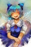  1girl blue_bow blue_dress blue_hair bow cider_niko cirno closed_eyes dress hair_bow happy highres ice ice_wings nail_polish open_mouth short_hair short_sleeves smile solo teeth touhou wings 