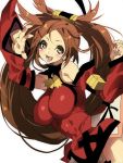 1girl blush breasts brown_eyes brown_hair china_dress chinese_clothes detached_sleeves guilty_gear hair_ornament hair_ring hohehohe kuradoberi_jam large_breasts long_hair smile solo twintails v very_long_hair
